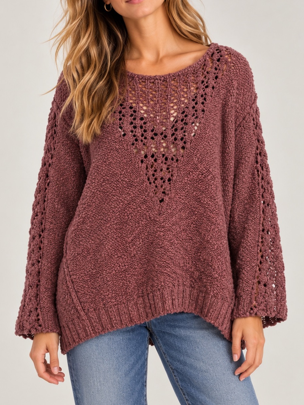 Free People Burgundy Crochet Knit Boho Oversized Pullover Sweater 100% Cotton S